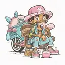 tony chopper, sommer clothes, eating cotton candy and in the background 1 small palm, some happy sparkles around him and tattoo design idea