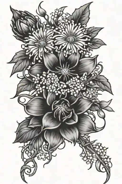 daisy, lily of the valley, larkspur, aster wrapped in barbed wire tattoo design idea
