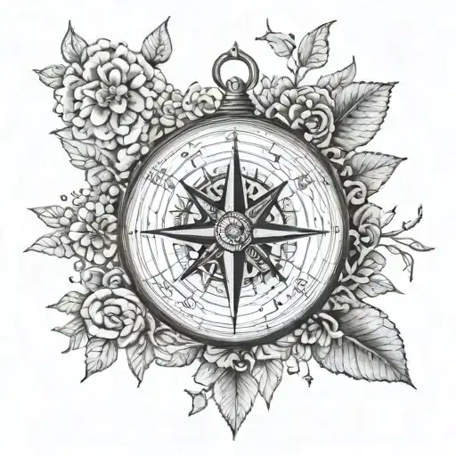 A detailed blackwork tattoo of a compass surrounded by intricate floral patterns inspired by nature tattoo design idea