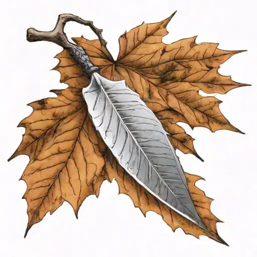 A realistic plane tree leaf with a subtle Narsil knife silhouette in the background tattoo design idea