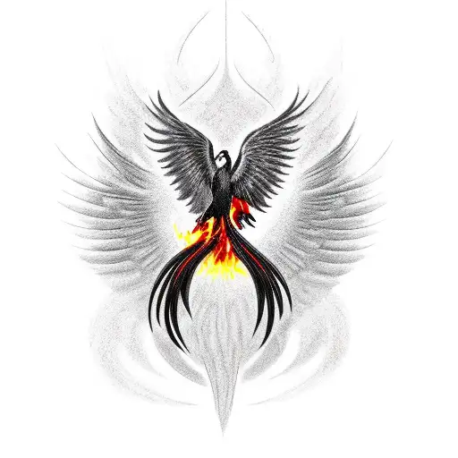 A black phoenix rising from the red hot ashes with an infinity symbol incorporated into the tail of the design tattoo design idea