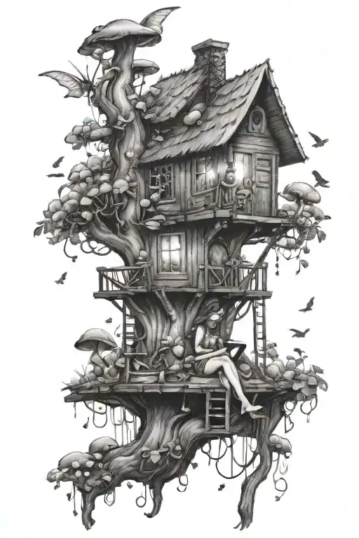 fairy sitting in a treehouse reading a book in the moonlight surrounded by mushrooms  tattoo design idea