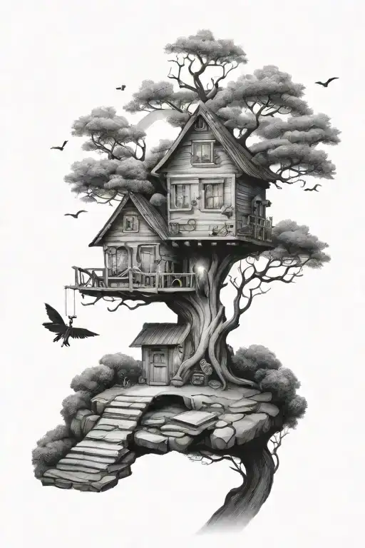 fairy sitting, treehouse nestled high, books surrounded moonlight  tattoo design idea