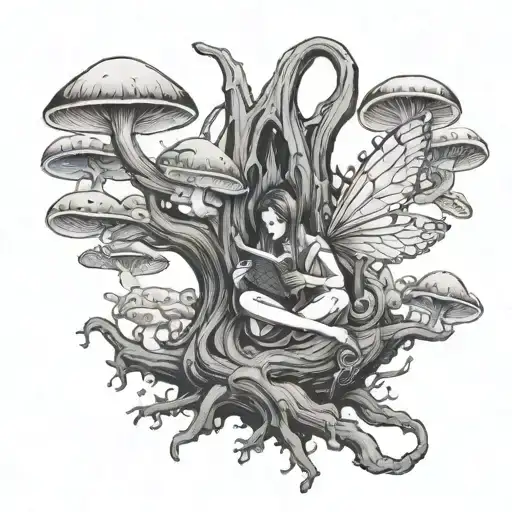 fairy sitting in a tree reading a book in the moonlight surrounded by mushrooms  tattoo design idea