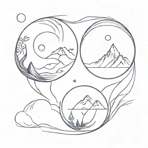 yin-yang for intro/extrovert balance, teardrop for empathy, sun/mountains for nature/travel love, intricate lines for in tattoo design idea