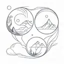 yin-yang for intro/extrovert balance, teardrop for empathy, sun/mountains for nature/travel love, intricate lines for in tattoo design idea