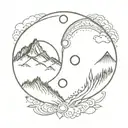 yin-yang for intro/extrovert balance, teardrop for empathy, sun/mountains for nature/travel love, intricate lines for in tattoo design idea