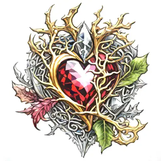 Crystal Deep Red Heart, The word "Ruby" in gold underneath, intricate silver thorns twisting around. tattoo design idea