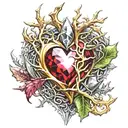 Crystal Deep Red Heart, The word "Ruby" in gold underneath, intricate silver thorns twisting around. tattoo design idea