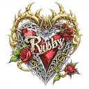Crystal Deep Red Heart, The word "Ruby" in gold underneath, intricate silver thorns twisting around. tattoo design idea