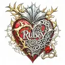 Crystal Deep Red Heart, The word "Ruby" in gold underneath, intricate silver thorns twisting around. tattoo design idea