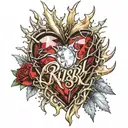 Crystal Deep Red Heart, The word "Ruby" in gold underneath, intricate silver thorns twisting around. tattoo design idea