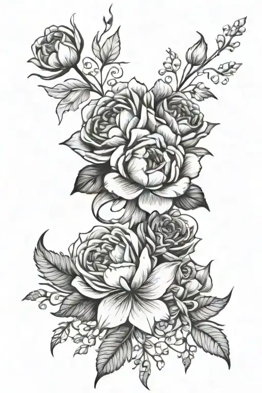 rose, water lily, honeysuckle, gladiolus, poppy, chrysanthemum, larkspur, peony tattoo design idea