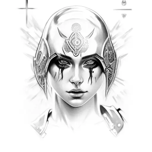 lighting surrounding her head blue eyes, chest armor, realistic tattoo design idea