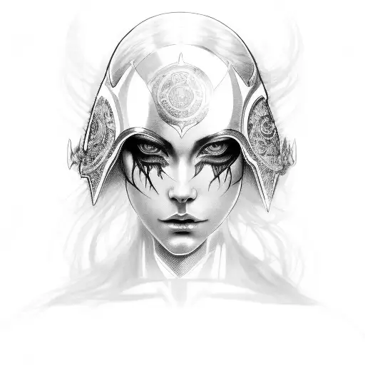 lighting surrounding her head blue eyes, chest armor, realistic, soft face, peircing eyes tattoo design idea