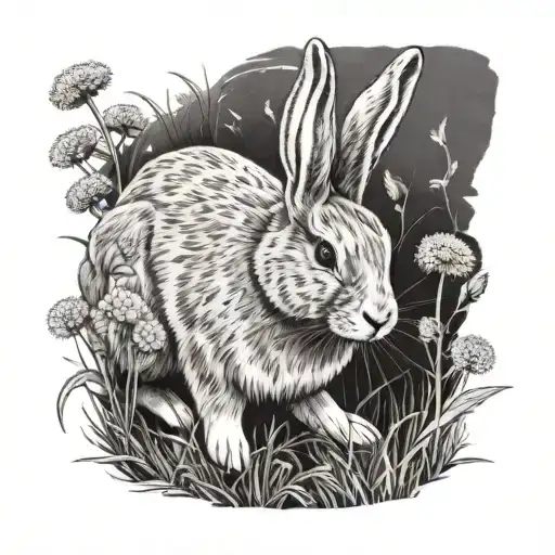 A bunny enjoying a field of dandelions in a black-grey style tattoo design idea