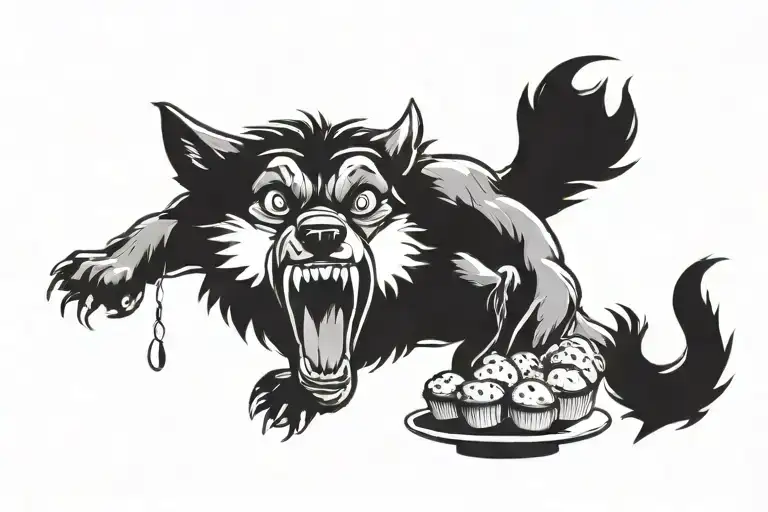 Wolf eating muffins with a bag of muffins at his tongue coming tattoo design idea