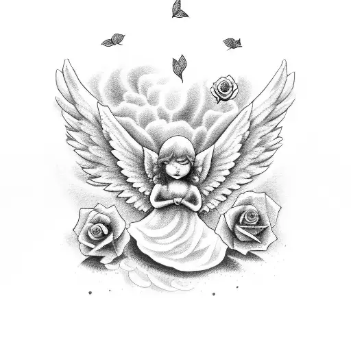 Angel with a rose and a dove with some writing about heaven  tattoo design idea