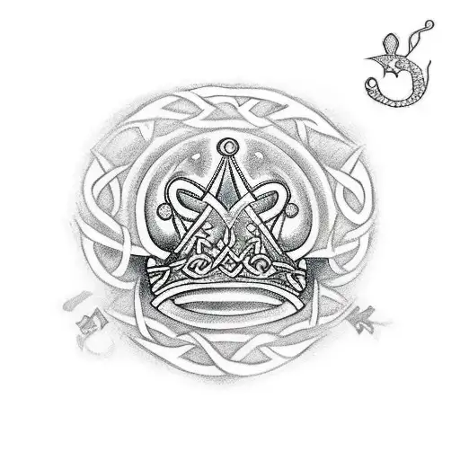 A traditional style tattoo of an Irish Celtic crown with the letter 'K' in fancy calligraphy, surrounded by cherry blossoms and dragonflies. tattoo design idea