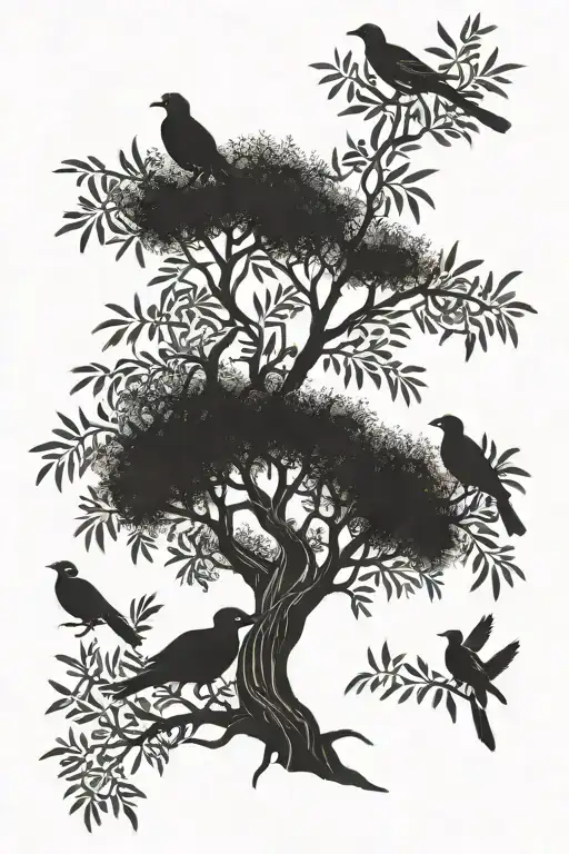 olive tree with animals and birds around tattoo design idea
