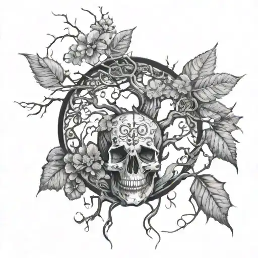 A nature-themed tattoo design blending life and death symbolism, such as a tree of life with skull accents, reflecting the client's interest in the outdoors and deep philosophical themes. tattoo design idea
