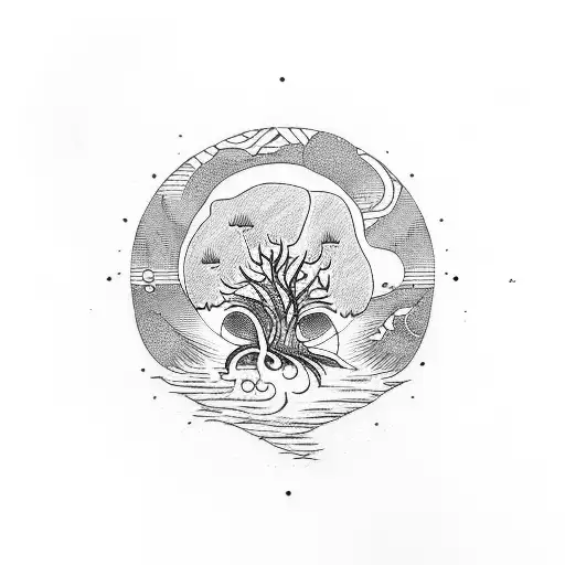 sunset with trees, water, mushrooms, a snake, and the Virgo symbol tattoo design idea