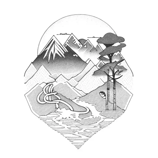 mountains with trees, water, mushrooms, a snake, and the Virgo symbol tattoo design idea