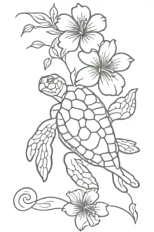 sea turtle waves and hibiscus flower tattoo design idea