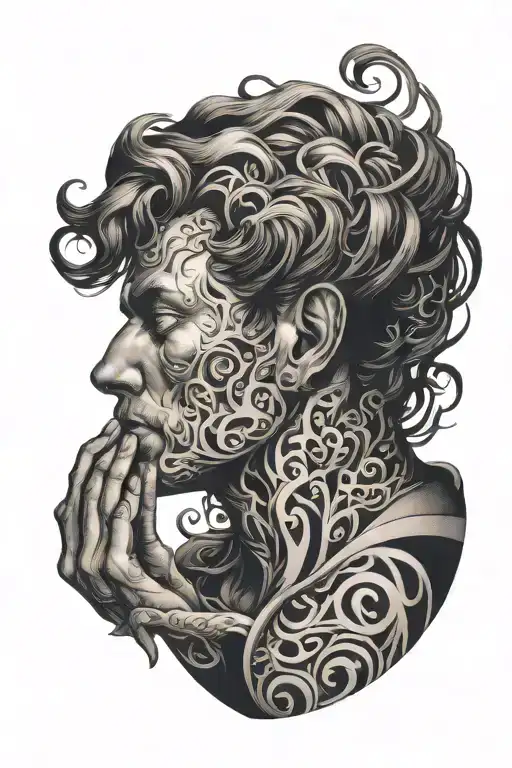 top half Silluette man thinking ideas about life intertwined tattoo design idea