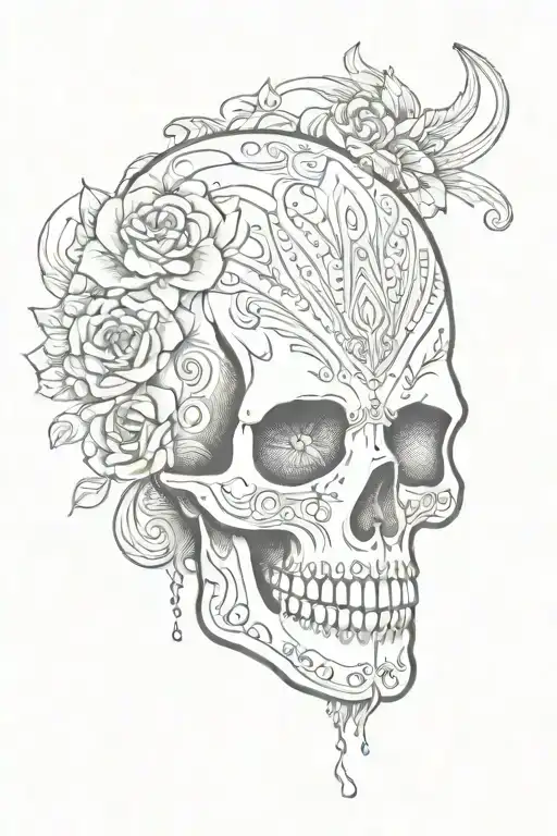 Dia de los muertos skull with energy coming out of it into the sky on forarm tattoo design idea