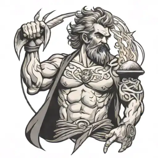  realistic tattoo of Hephaestus (volcan) striking his anvil forging zeus' lightning bolts under an erupting volc tattoo design idea