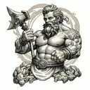  realistic tattoo of Hephaestus (volcan) striking his anvil forging zeus' lightning bolts under an erupting volc tattoo design idea