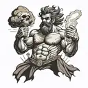  realistic tattoo of Hephaestus (volcan) striking his anvil forging zeus' lightning bolts under an erupting volc tattoo design idea