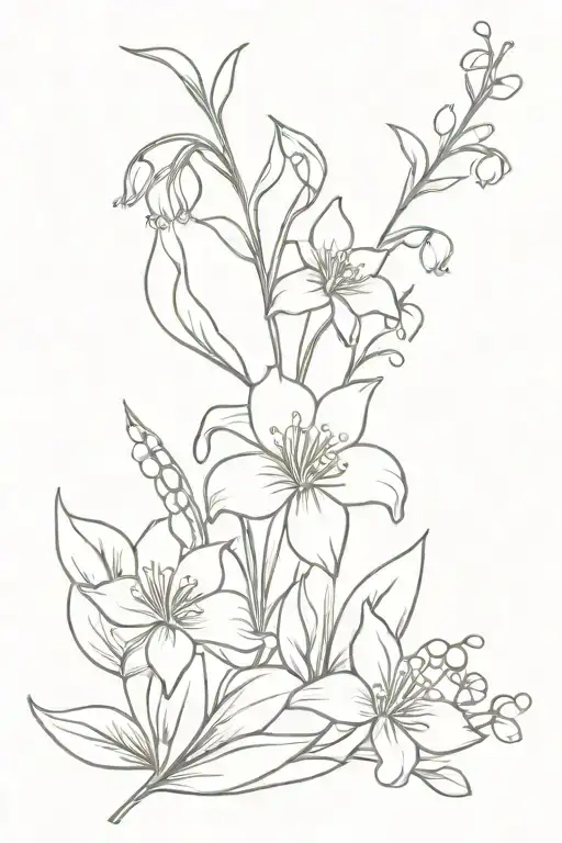 hawthorn, lily of the valley and honeysuckle bouquet tattoo design idea