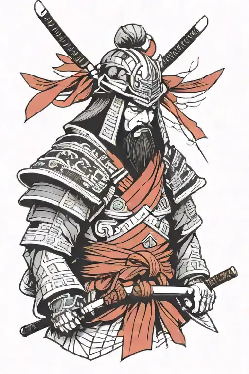 Samurai figure with red scarf  tattoo design idea