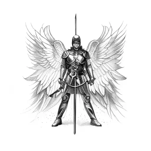 An Archangel with his wings spread. He stands steadfastly with his sword infront of him tattoo design idea