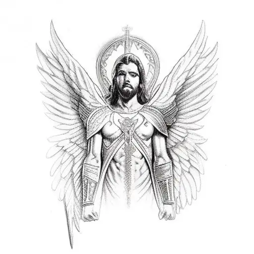 An Archangel with his wings spread. He stands steadfastly with his sword in His Hand as an big Back tattoo tattoo design idea