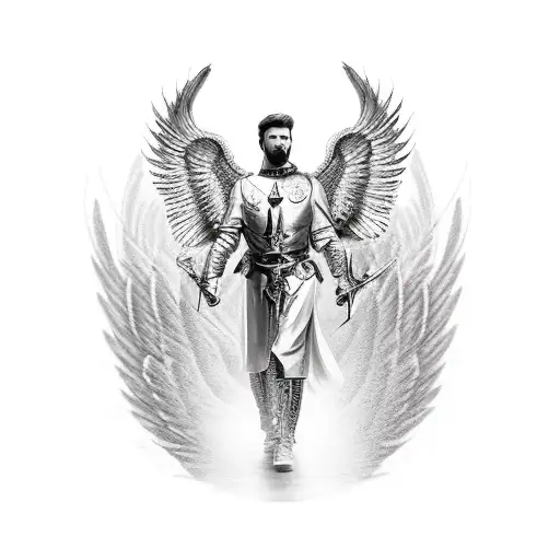 An Archangel with his wings spread. He stands steadfastly with his sword infront  tattoo design idea