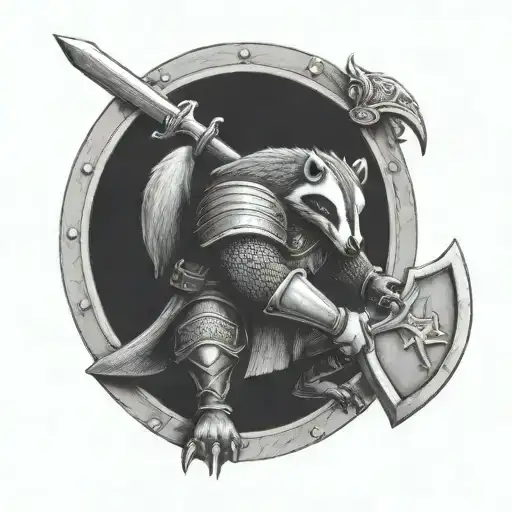 fully armored badger knight wielding ax sitting in a viking tattoo design idea
