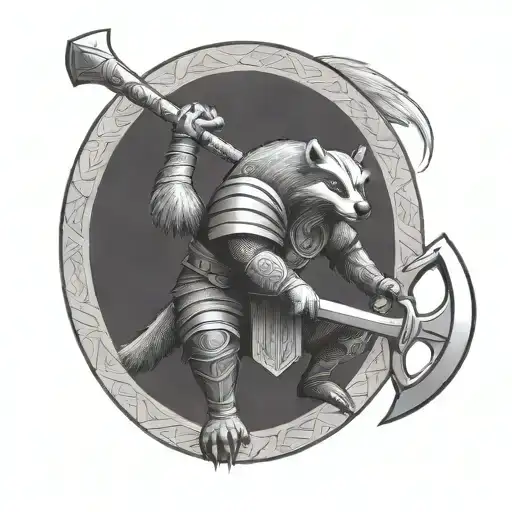 fully armored badger knight wielding ax sitting in a viking tattoo design idea