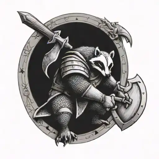 fully armored badger knight wielding ax sitting in a viking tattoo design idea