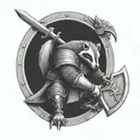 fully armored badger knight wielding ax sitting in a viking tattoo design idea