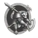 fully armored badger knight wielding ax sitting in a viking tattoo design idea