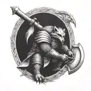 fully armored badger knight wielding ax sitting in a viking tattoo design idea