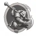 fully armored badger knight wielding ax sitting in a viking tattoo design idea