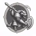 fully armored badger knight wielding ax sitting in a viking tattoo design idea