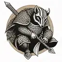 fully armored badger knight wielding ax sitting in a viking tattoo design idea