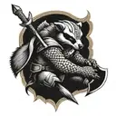 fully armored badger knight wielding ax sitting in a viking tattoo design idea