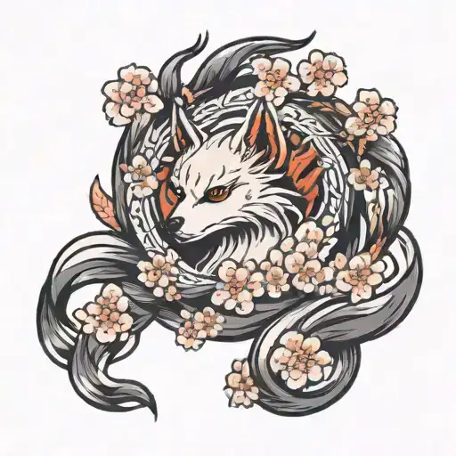 nine-tailed spitz with cherry blossoms tattoo design idea
