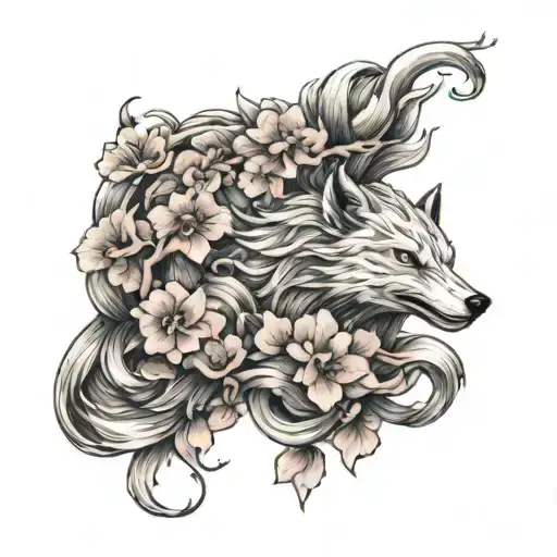 nine tailed fox with cherry blossoms tattoo design idea